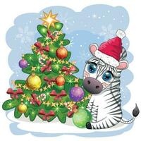 vrolijk Kerstmis en gelukkig nieuw jaar groet kaart met schattig zebra in de kerstman hoed met Kerstmis bal, snoep kane, geschenk vector