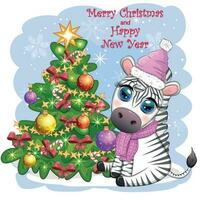 vrolijk Kerstmis en gelukkig nieuw jaar groet kaart met schattig zebra in de kerstman hoed met Kerstmis bal, snoep kane, geschenk vector