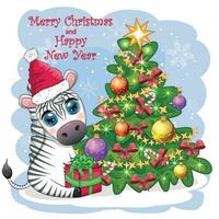 vrolijk Kerstmis en gelukkig nieuw jaar groet kaart met schattig zebra in de kerstman hoed met Kerstmis bal, snoep kane, geschenk vector