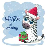 groet kaart met schattig zebra in de kerstman hoed met Kerstmis bal, snoep kane, geschenk. dieren in het wild vakantie tekenfilm karakter. vector