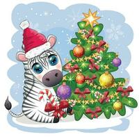 vrolijk Kerstmis en gelukkig nieuw jaar groet kaart met schattig zebra in de kerstman hoed met Kerstmis bal, snoep kane, geschenk vector