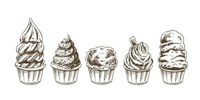 een hand getekend schetsen van ijs room ballen, bevroren yoghurt of cupcakes in kopjes. set. wijnoogst illustratie. element voor de ontwerp van etiketten, verpakking en ansichtkaarten. vector