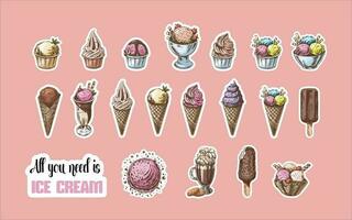 een hand getekend schetsen sticker reeks van een wafel kegels en ijs room ballen, bevroren yoghurt, cupcakes, cocktail. wijnoogst illustratie. set. element voor de ontwerp. vector