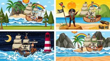 set van verschillende strandtaferelen met piratenschip en piraat stripfiguur vector