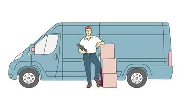 levering, koeriersdienst concept. levering koerier man bedrijf pakket met bestelwagen. vector