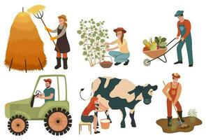 agrarisch arbeiders. boeren Doen agrarisch werk, aanplant en bijeenkomst gewassen. vrouw melk een koe en plukken bessen. tekenfilm tekens aan het doen landbouw functie. vector illustratie