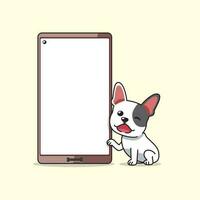 tekenfilm karakter schattig Frans bulldog en smartphone vector