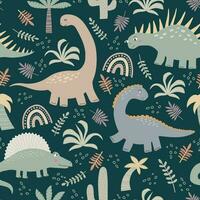 kinderen naadloos patroon met schattig dinosaurussen en tropisch bladeren, regenboog. vector kinderachtig achtergrond voor kleding stof, textiel