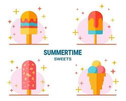 reeks van vier schattig vector ijs crèmes, zomertijd vlak illustraties, verzameling van bevroren snacks.