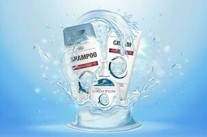 shampoo verpakking, room buis, zeep fles Aan een blauw achtergrond met water plons. kunstmatig merk sjabloon. lichaam zorg producten. vector illustratie.