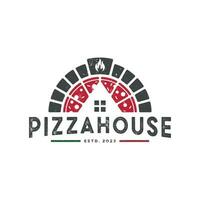 pizza huis logo vector met wijnoogst stijl. smakelijk rood pizza huis gemaakt etiket icoon concept logo sjabloon.