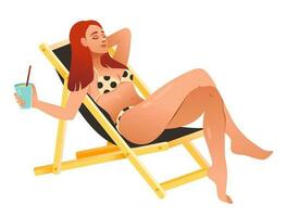 een vrouw is zonnen Aan een sjees longue met een cocktail. vrouw in een zwempak is zonnen. tekenfilm vector illustratie.