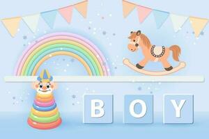 3d baby douche voor jongens. kinderen speelgoed regenboog, piramide en schommelen paard in pastel kleuren Aan een sterrenhemel achtergrond. spel kamer achtergrond, modern ontwerp, vector