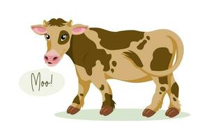 schattig gevlekte koe met de woord loeien. kinderen illustratie in vlak stijl, vector