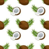 naadloos patroon, kokosnoten, takjes, kokosnoot helften en stukken Aan een wit achtergrond. tropisch achtergrond, afdrukken, textiel, behang, vector