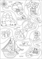 vector zwart en wit schat eiland kaart met piraat schip, meermin, Octopus. schattig lijn tropisch zee eilanden met zand, palm bomen, vulkaan, rotsen. schat eiland afbeelding of kleur bladzijde