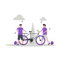 platte vectorillustratie van iemand met een fiets in het park met een vriend