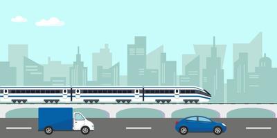 stedelijk landschap met gebouwen en hogesnelheidstrein voor passagiers op brug en auto op de weg in de stad vector