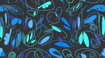 naadloos donker blauw patroon met biologisch abstract elementen. hand- getrokken abstract gekleurde krabbels, gebogen slagen. vector chaotisch decoratief textuur. biologisch vormen.