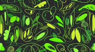 naadloos donker groen patroon met biologisch abstract elementen. hand- getrokken abstract gekleurde krabbels, gebogen slagen. vector chaotisch decoratief textuur. biologisch vormen.