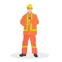 een arbeider in een oranje werk uniform is Holding een moersleutel. vlak tekenfilm illustratie vector