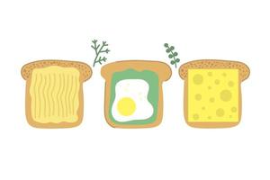 hand getrokken sneetje brood smakelijke toast met boter gebakken ei avocado en kaas moderne platte illustratie ontbijtconcept vector