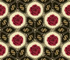 naadloos wijnoogst arabesk patroon met goud dollar teken, ketting, kralen, karmozijn rozen. meetkundig rooster met ruit, zeshoeken. klassiek achtergrond. vector illustratie