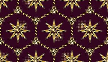 naadloos meetkundig patroon met zeshoekig rooster met gouden kettingen, glimmend sterren, halftone vormen Aan donker rood achtergrond. vector illustratie in wijnoogst stijl.