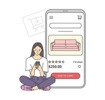 e-commerce op smartphoneconcept. jonge vrouw maakt online aankopen via telefoon, product kiezen. winkelwagentje met meubels.