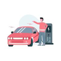 platte vectorillustratie van iemand die een elektrische auto oplaadt die milieuvriendelijk is vector