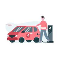 platte vectorillustratie van iemand die een elektrische auto oplaadt die milieuvriendelijk is vector