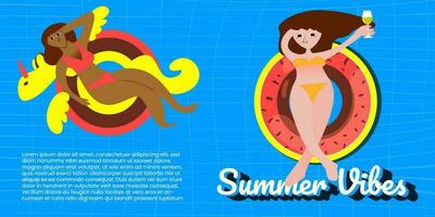 zwembad paradijs een retro hand- getrokken vector illustratie van een mooi vrouw zonnen Aan een kleurrijk opblaasbaar donut vlotter in een blauw zwembad met vrienden, perfect voor zomer vakantie en zwembad partijen