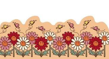 retro stijl bloemen decoreren naadloos grens met vlinders. vector tekenfilm schets stijl. Super goed voor decoratie, voedsel verpakking, papier, omslag, behang, achtergrond
