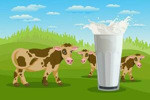 gevlekte koeien in de weide en een glas met melk plons, landschap. poster, banier, illustratie, vector