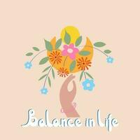 balans in leven concept met hand- , bloemen samenstelling. metafoor van mentaal Gezondheid en sterk psychologie. tekenfilm vlak vector illustratie