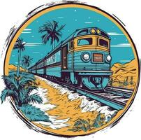 trein in voorkant van een strand hand- getrokken illustratie, trein hand- getrokken illustratie ontwerp, t-shirt ontwerp illustratie vector