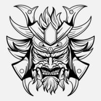 oni monster masker japanse helm leger samurai in kader gravure ornament illustratie zwart en wit tatoeëren en t-shirt kleding vector