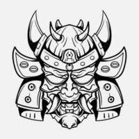 oni monster masker japanse helm leger samurai in kader gravure ornament illustratie zwart en wit tatoeëren en t-shirt kleding vector