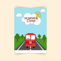 zomer kamp folder ontwerp met grappig zon, bus Aan straat kant natuurlijk achtergrond. vector