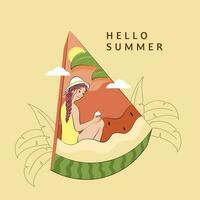 Hallo zomer belettering met zwemmer meisje genieten van drinken over- watermeloen plak en lijn kunst bladeren Aan bruin achtergrond. vector