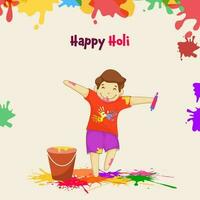 tekenfilm jongen spelen kleuren met water geweer, emmer en kleur plons effect Aan beige achtergrond voor holi viering. vector