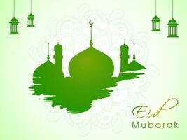 eid mubarak viering concept met groen borstel effect moskee, hangende lantaarns Aan glanzend licht groen mandala achtergrond. vector