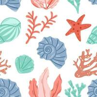 zee schelpen, zeewier en zeester naadloos patroon. schattig oceaan achtergrond voor oceaan thema's, strand stoffen, zomer textiel. vlak vector illustratie