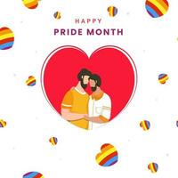 gelukkig trots maand groet kaart met gezichtsloos homo paar omarmen en regenboog harten Aan wit achtergrond. vector