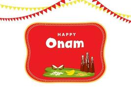 gelukkig onam viering concept met thrikkakara appan idool, fruit, bloemen over- banaan bladeren, vlaggedoek vlaggen Aan rood en wit achtergrond. vector