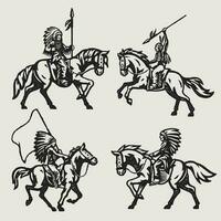 reeks van wijnoogst oud druk op stijl illustratie van Amerikaans Indisch krijger vector