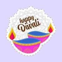 gelukkig diwali doopvont met lit olie lamp en mandala patroon in kleverig Aan pastel paars achtergrond. vector