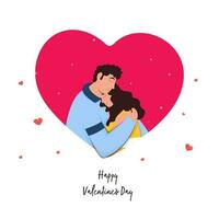 jong paar knuffelen elk andere Aan roze hart en wit achtergrond voor gelukkig Valentijnsdag dag concept. vector