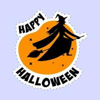 sticker stijl gelukkig halloween doopvont met heks vliegend over- bezem Aan oranje en blauw achtergrond. vector