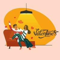 gelukkig Valentijnsdag dag concept met tiener- meisje proberen naar rukken iets van haar vriendje Bij sofa Aan geel en roze achtergrond. vector